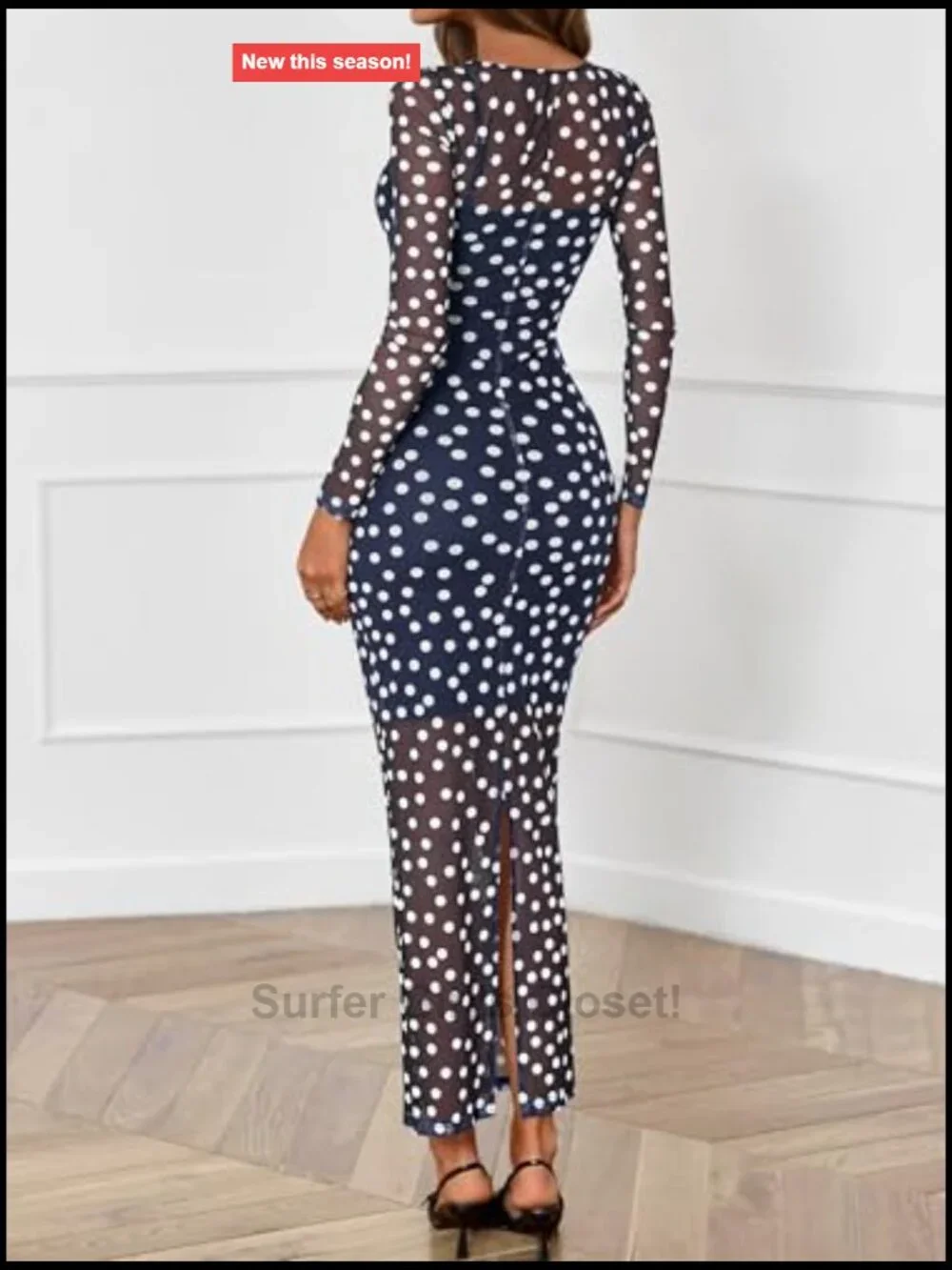 Polka Dot 2 Piece Set Long Sleeve Mesh Bodycon Dress with Slip Dress Party